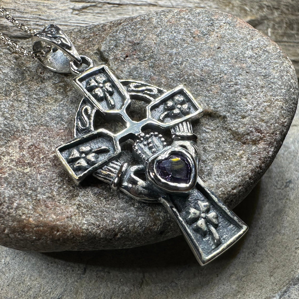 Irish Love Shamrock Claddagh Cross Necklace