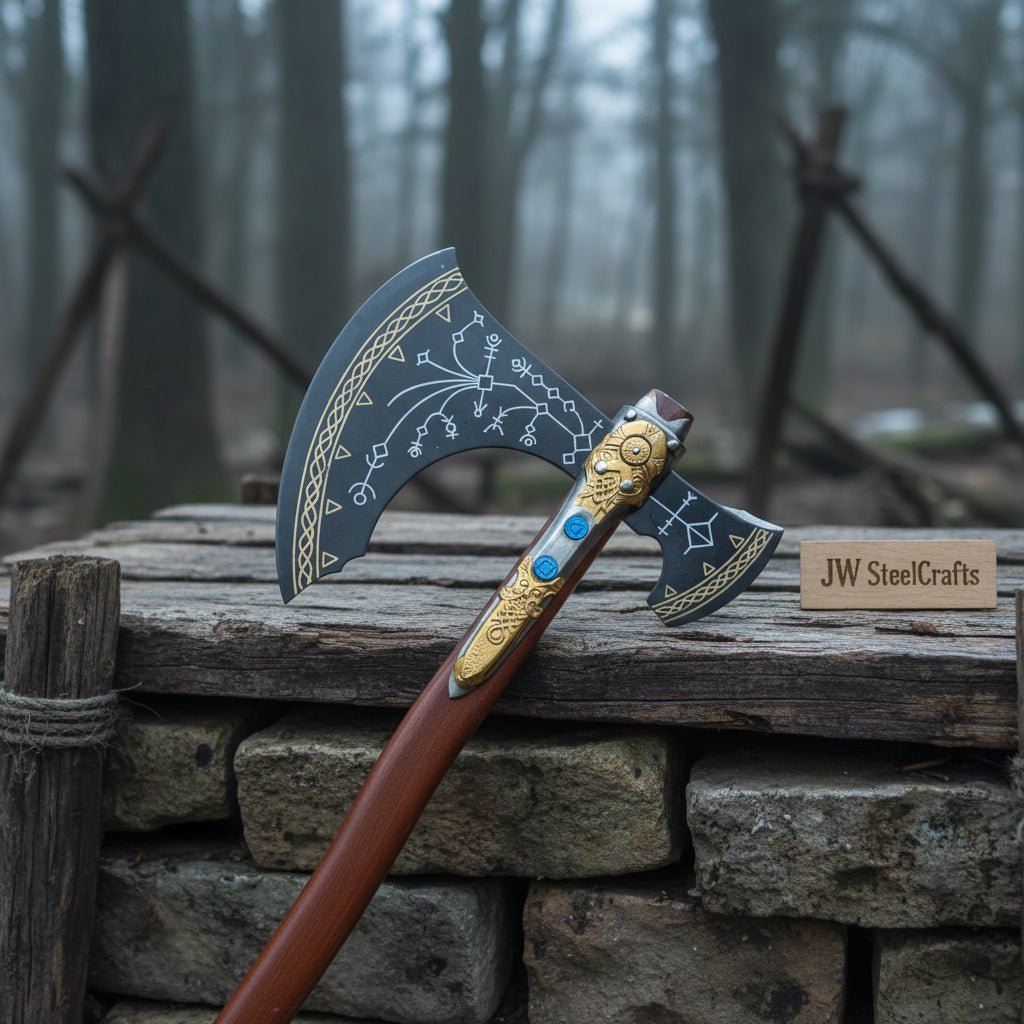 Hand-Forged Viking Double-Bit Fantasy Display Axe with Engraved Head