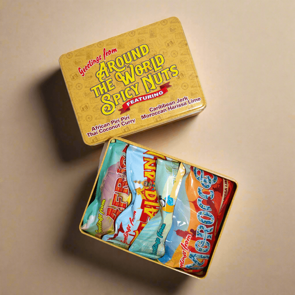 Around the World Spicy Nuts Sampler Tin – A Global Culinary Travel Adventure - 