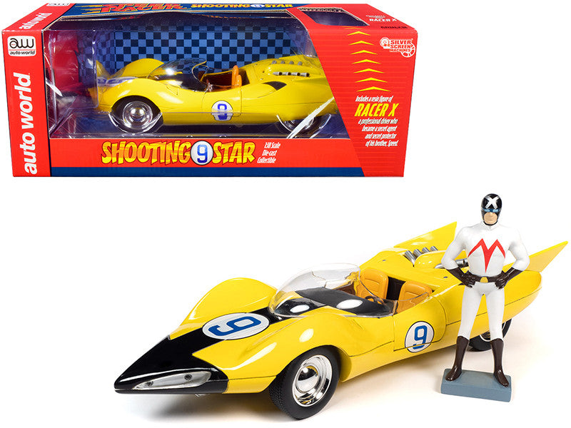 Shooting Star #9 Yellow and Racer X Figurine "Speed Racer" Anime Series 1/18 Diecast Model Car by Auto World-0