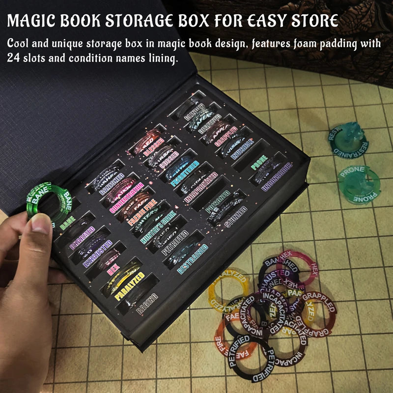 Upgraded Condition Rings 96 PCS Status Effect Markers in 24 Conditions & Spells Magic Book Storage Box Great DM Tool for Dungeon