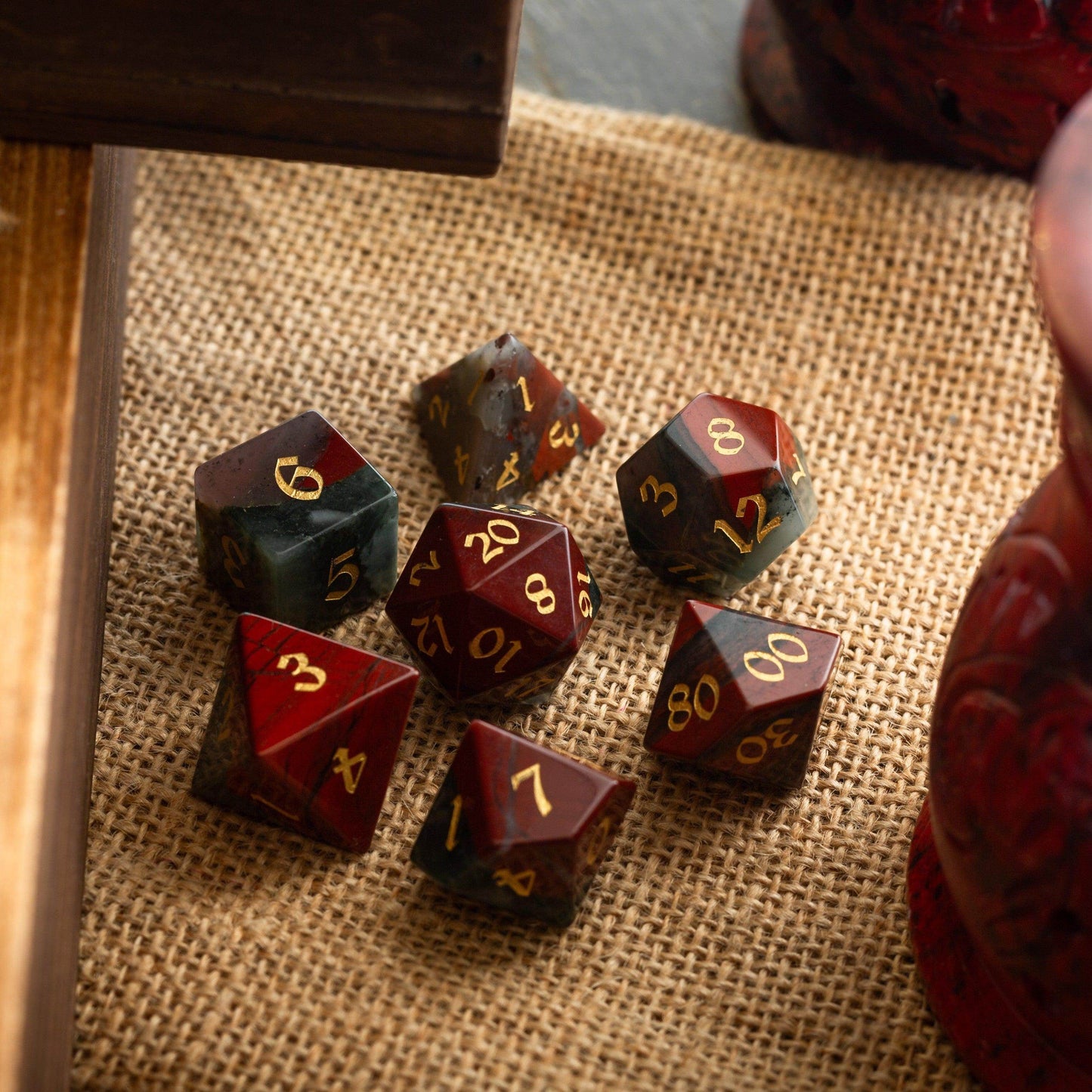 African Bloodstone Hand Carved Gemstone DND Dice Set - Full Set And Free Dice Box