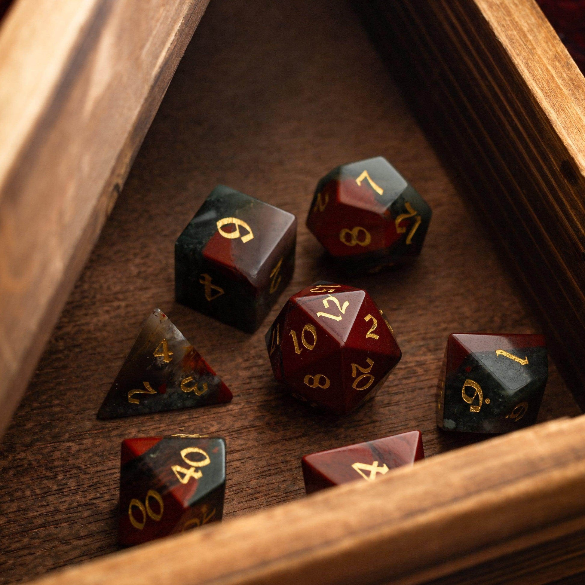 African Bloodstone Hand Carved Gemstone DND Dice Set - Full Set And Free Dice Box