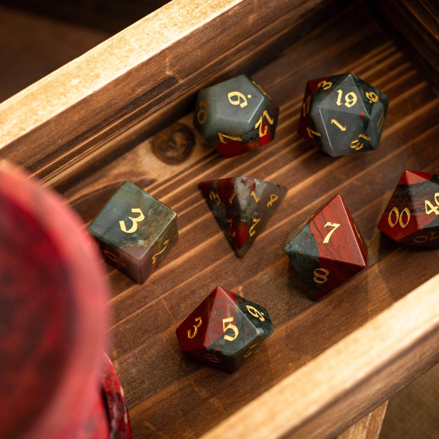 African Bloodstone Hand Carved Gemstone DND Dice Set - Full Set And Free Dice Box