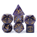 Amethyst with Embellishment - Gemstone Engraved with Gold RPG Dice Set - 