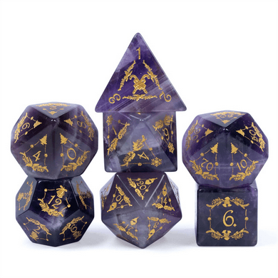 Amethyst with Embellishment - Gemstone Engraved with Gold RPG Dice Set - 