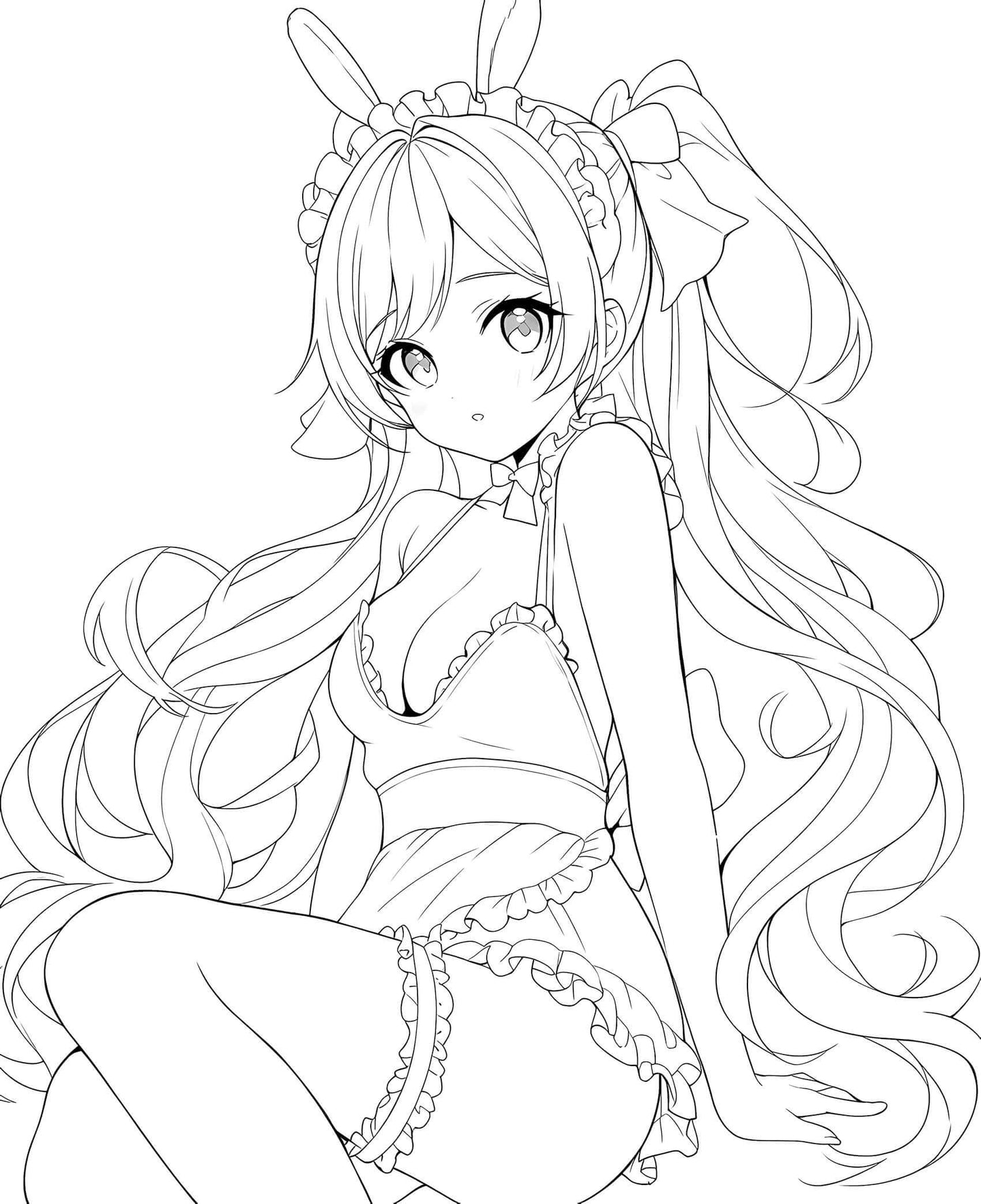 Alluring Anime Bunny Girl Waifu Coloring Page: Seated Lingerie Pose