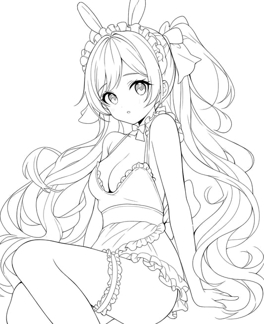 Alluring Anime Bunny Girl Waifu Coloring Page: Seated Lingerie Pose