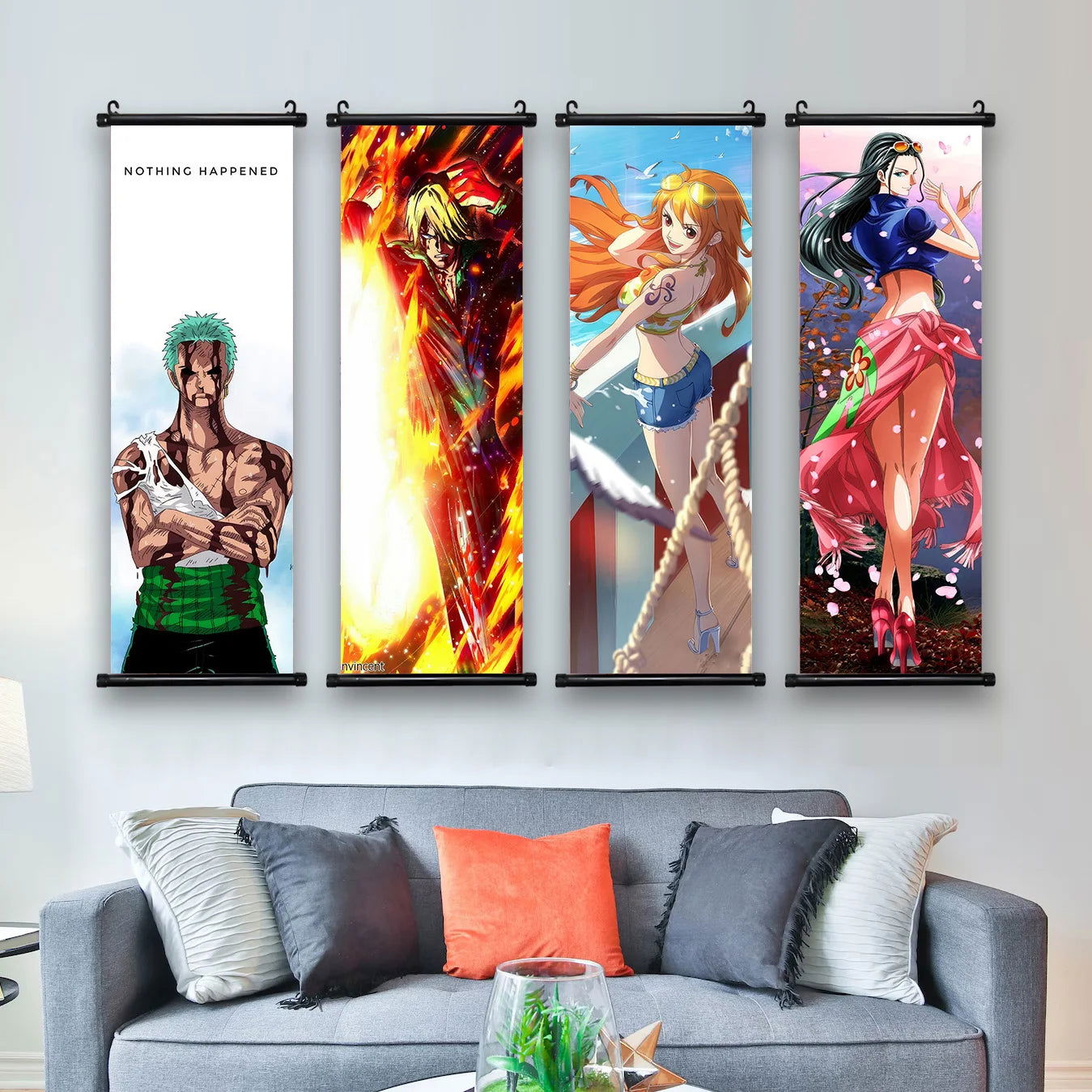 Anime ONE PIECE Poster Scrolls Wall Art, Sanji Roronoa Zoro Luffy Nami Canvas Prints Kids Room Decoration Hanging Scrolls