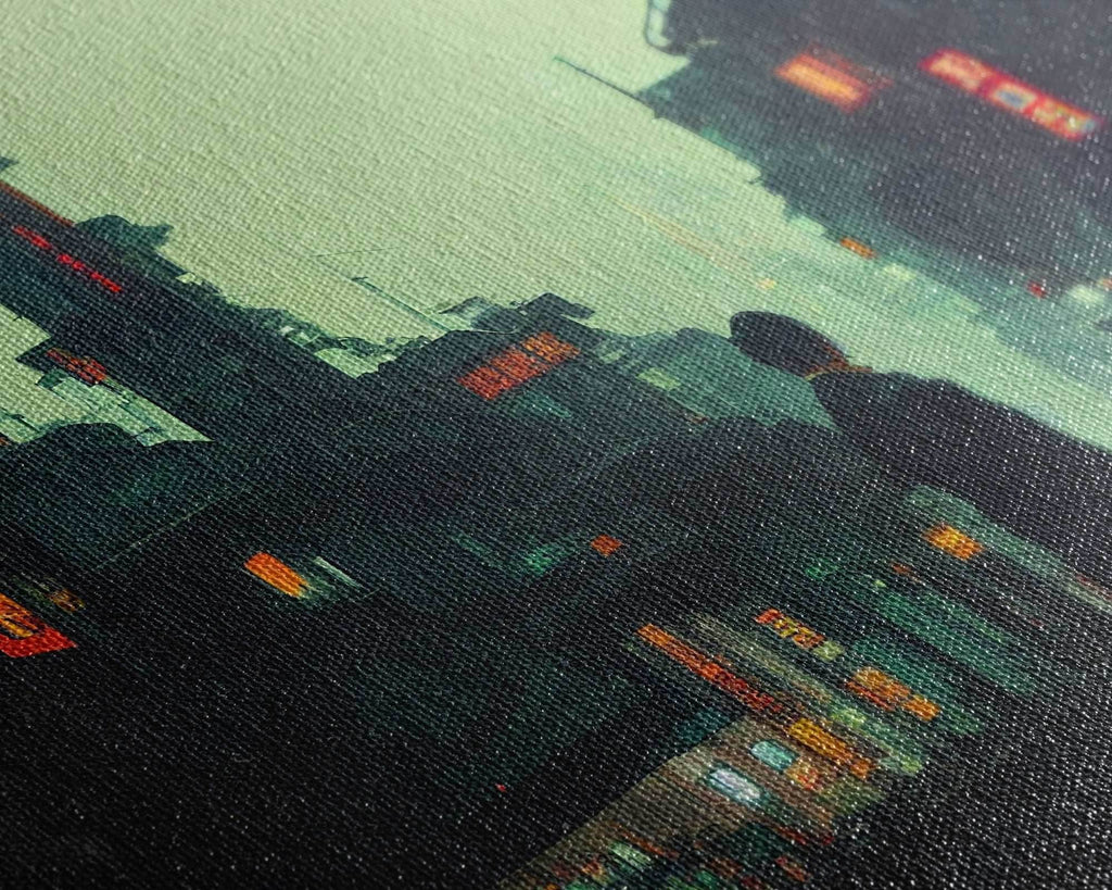 80s style Cyberpunk Japanese City, Retro Punk Tokyo, Framed Canvas Print, Framed Wall Art, Large Panoramic Wall Decor - 10x30 Inches / Gallery Wrap Canvas - Ready To Hang