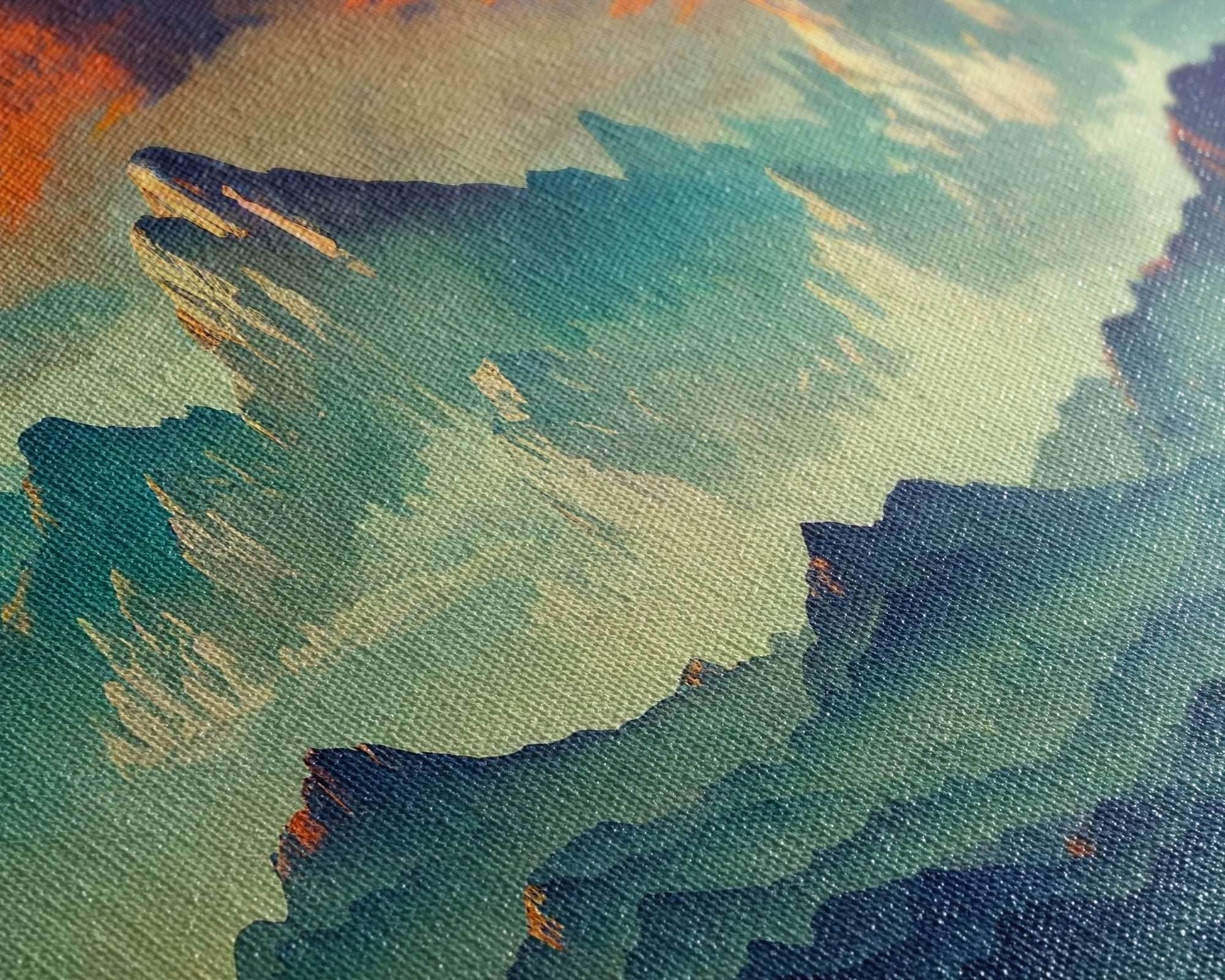 Beautiful Fantasy Mountain Landscape With Orange Clouds, Framed Canvas Print, Ready To Hang Panoramic Wall Decorr - 10x30 Inches / Gallery Wrap Canvas - Ready To Hang