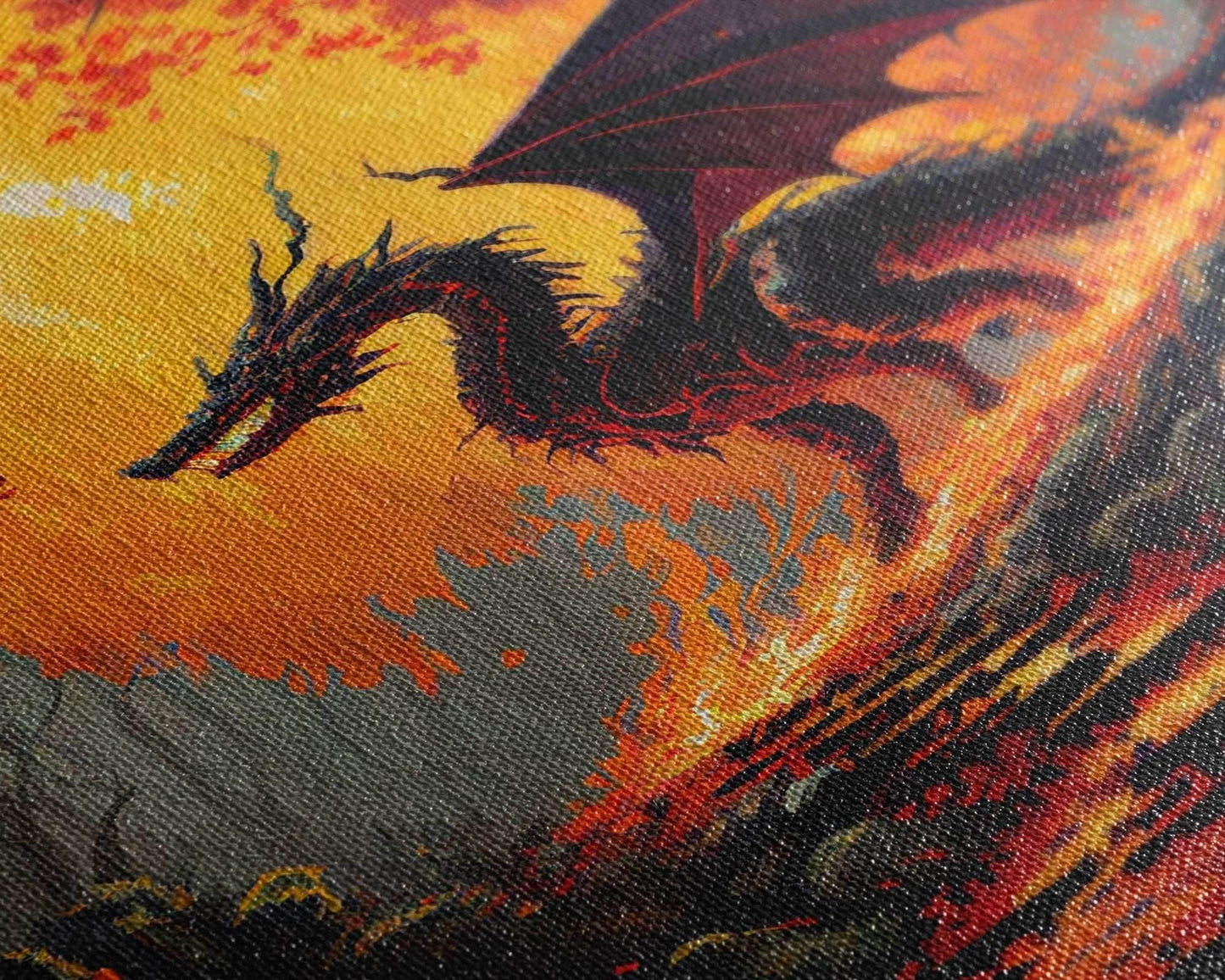 Fiery Dragon Burning Down Forest Canvas Print - Mystical Fantasy Wall Art Home Decor Artwork - 8x12 Inches / Gallery Wrap Canvas - Ready To Hang