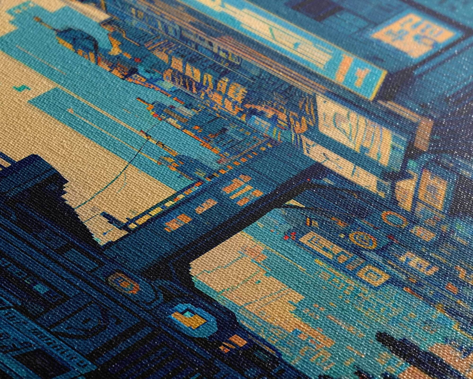 8 bit pixel art cyber punk city, video game concept art, framed canvas print, game room art - 8x12 Inches / Gallery Wrap Canvas - Ready To Hang
