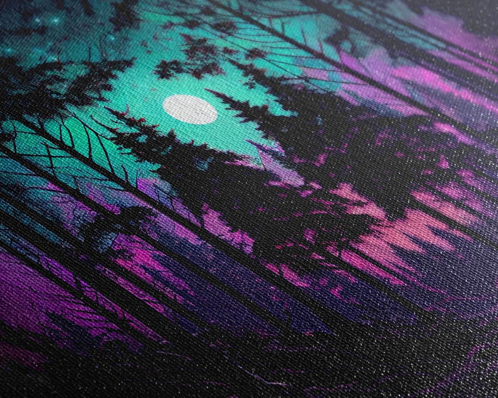 Fantasy forest art, full moon visible through the trees, framed canvas print, framed wall art - 8x12 Inches / Gallery Wrap Canvas - Ready To Hang