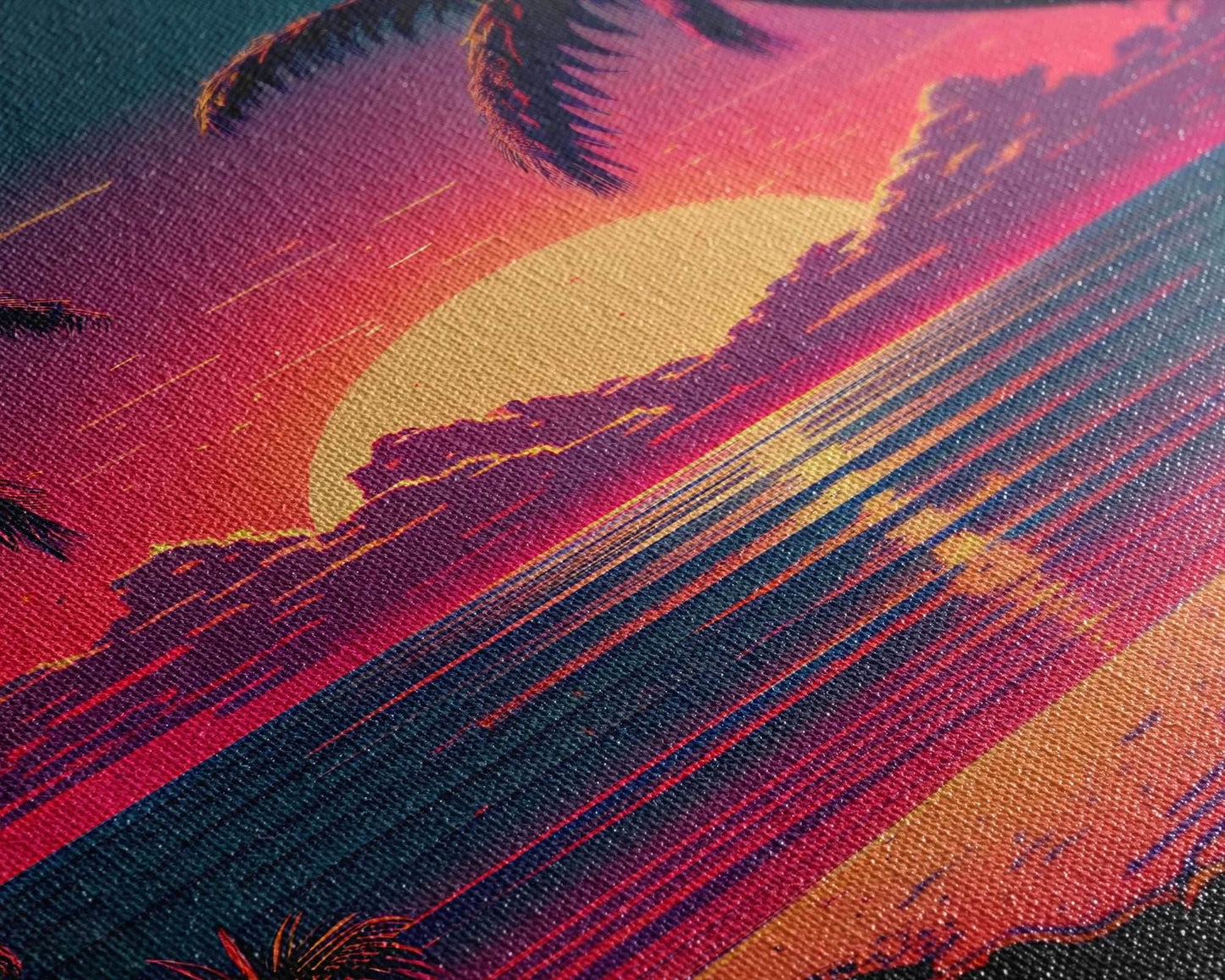 8 bit pixel art sunset, synthwave style palm tree beach, framed canvas print, framed wall art painting - 8x12 Inches / Gallery Wrap Canvas - Ready To Hang