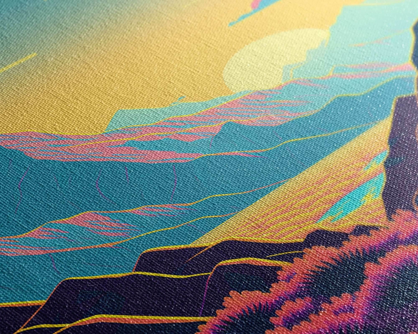 Peach Sunset, Fantasy Mountain Landscape Art, Framed Canvas Print, Minimalist Art Deco Inspired Wall Art - 8x12 Inches / Gallery Wrap Canvas - Ready To Hang