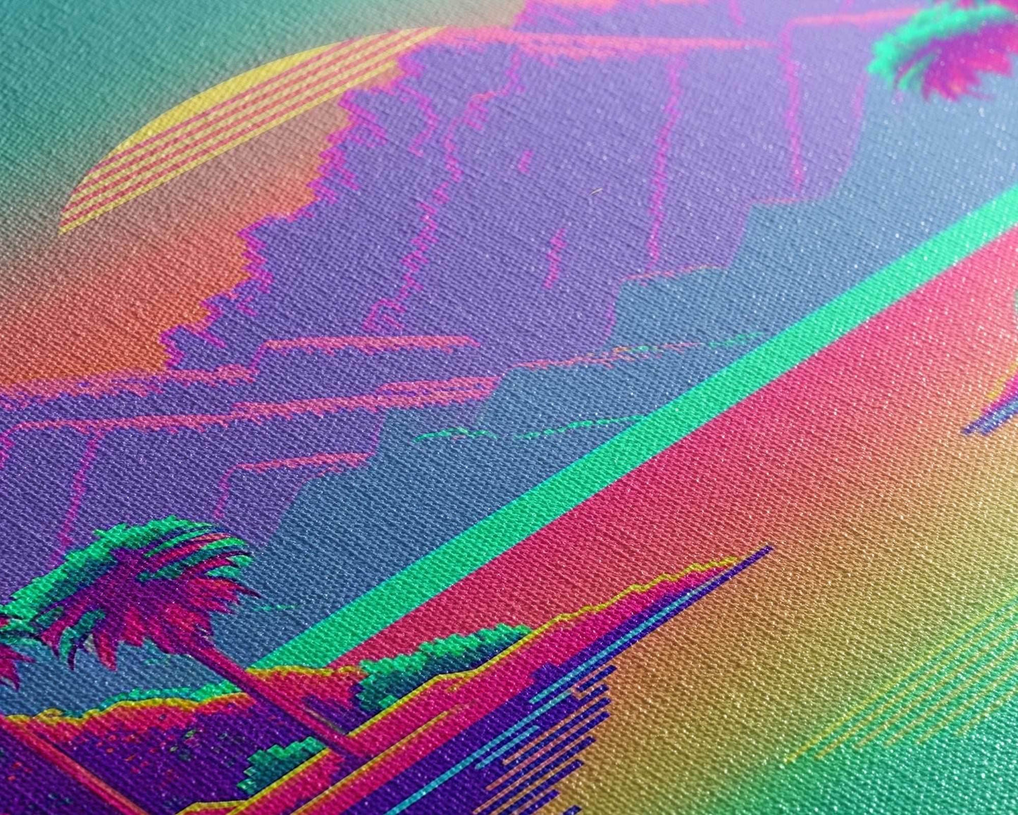 Retro Vaporwave Aesthetic Pixel Art Sunset, Turquoise and Pink Fantasy Landscape Art, Gamer Decor, Game Room Art - 8x12 Inches / Gallery Wrap Canvas - Ready To Hang