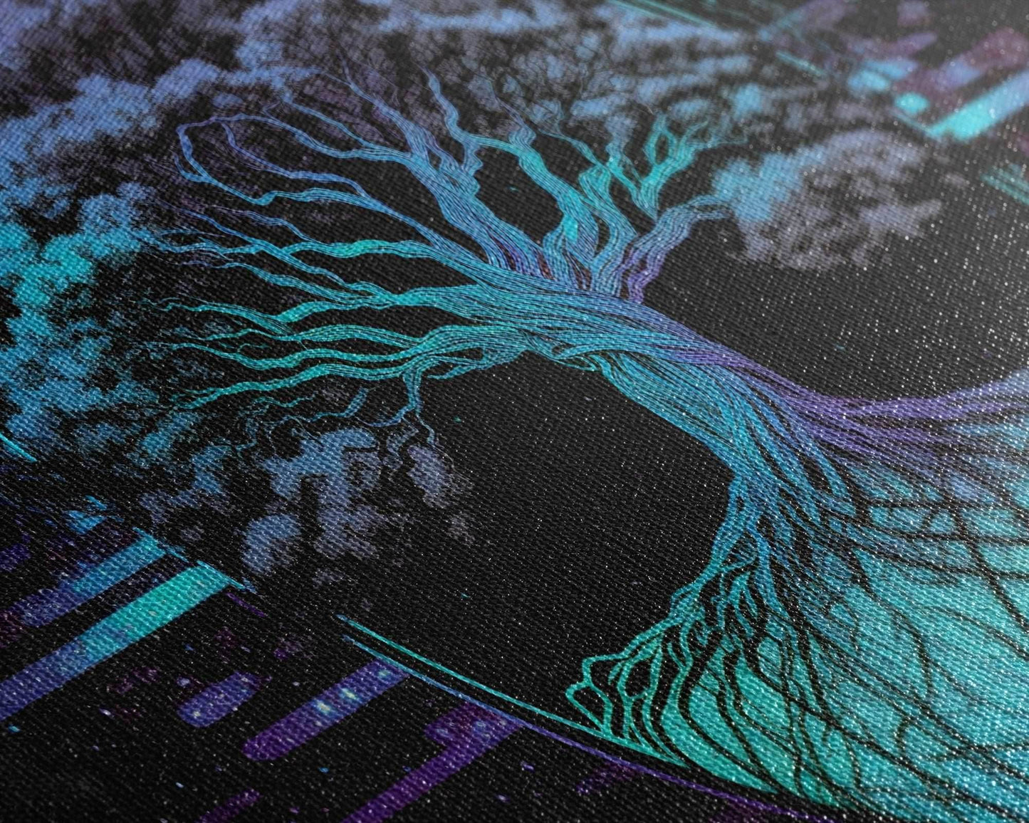 Norse Mythology Art, Synthwave Style Yggdrasil Tree of Life and the 9 Realms, Fantasy Art, Framed Canvas Print, Game Room Nordic Art - 10x20 Inches / Gallery Wrap Canvas - Ready To Hang