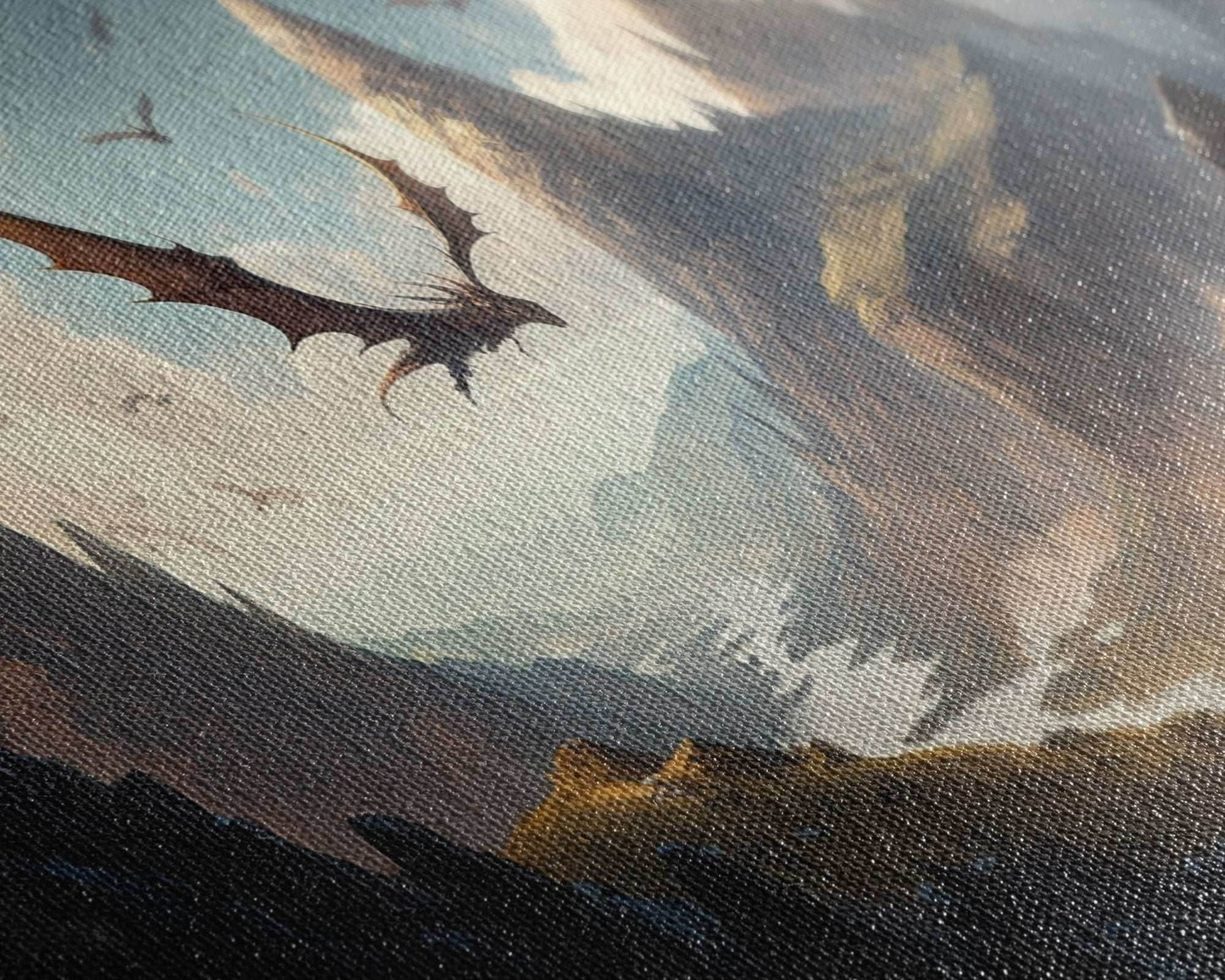 Dragons in Flight Over a Valley, Fantasy Art, Framed Canvas Print, Medieval Fantasy Art, Fire breathing dragons - 10x20 Inches / Gallery Wrap Canvas - Ready To Hang