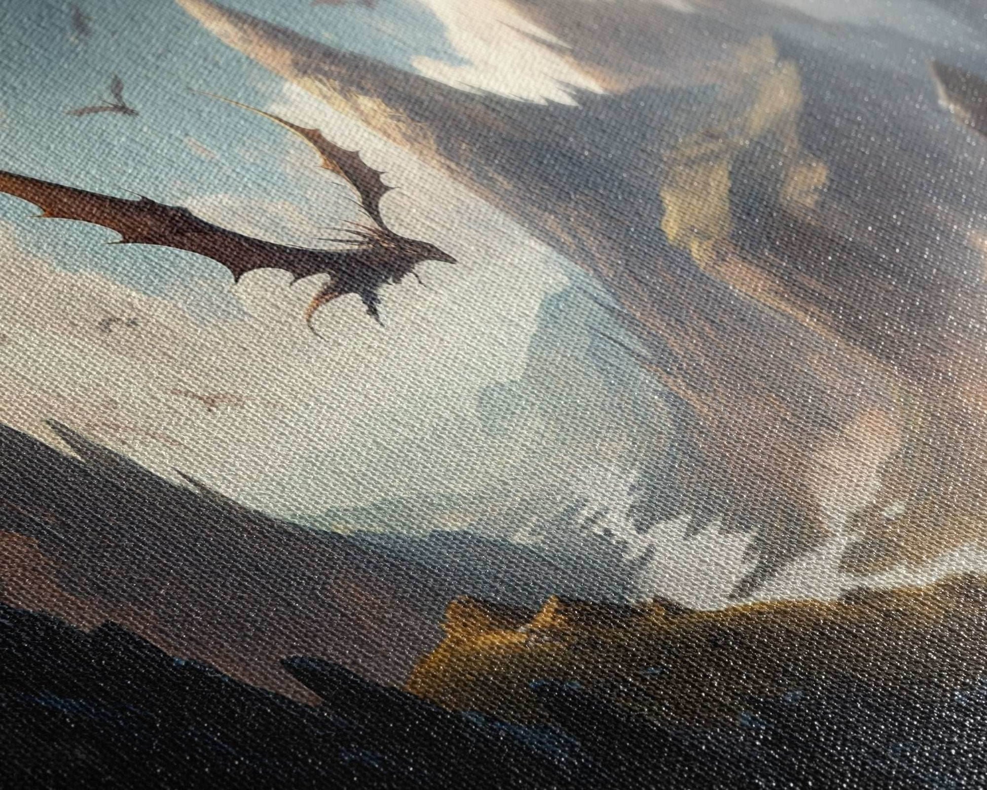 Dragons in Flight Over a Valley, Fantasy Art, Framed Canvas Print, Medieval Fantasy Art, Fire breathing dragons - 10x20 Inches / Gallery Wrap Canvas - Ready To Hang
