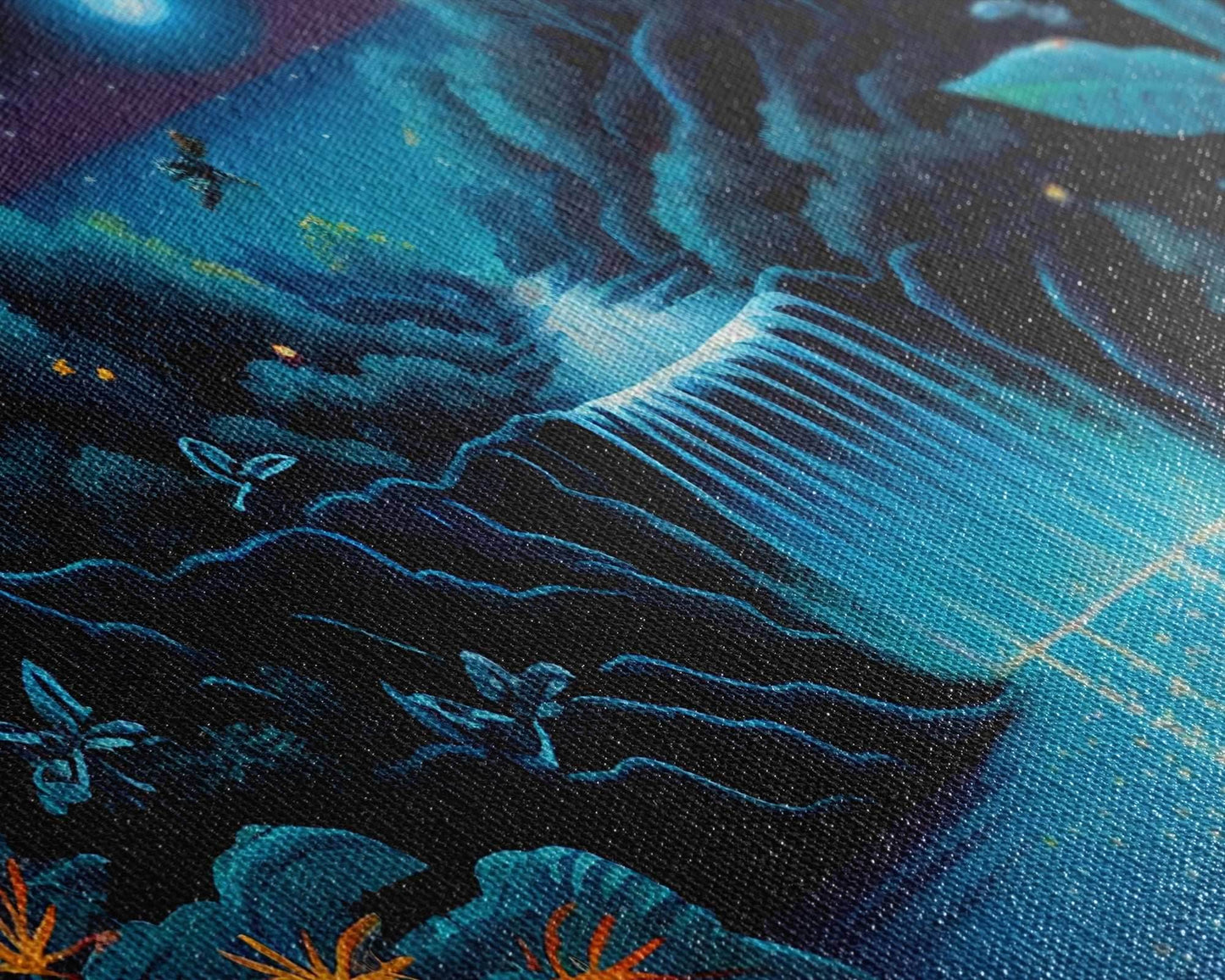 The Secret Waterfall, Enchanted Forest With Painting, Fantasy Art, Fairy House, Fantasy, Woodland Decor, Woods, Forest with Blue Butterflies - 10x20 Inches / Gallery Wrap Canvas - Ready To Hang