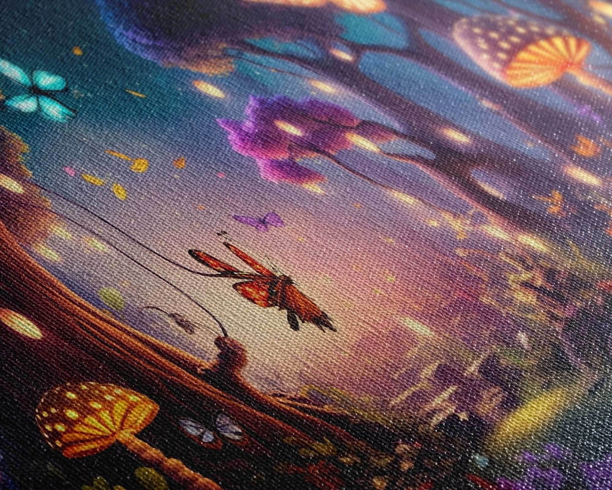 Vibrant Fantasy Forest Wall Art, The Forest Floor, Bioluminescent Glowing Butterflies, Gift, Framed Canvas Print - 10x20 Inches / Gallery Wrap Canvas - Ready To Hang