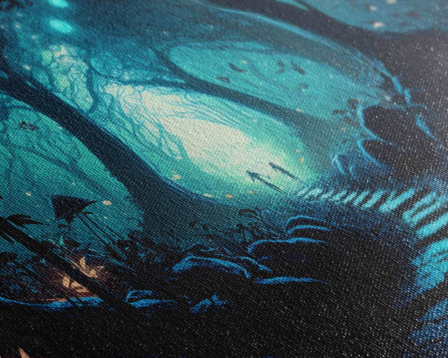 The mycelium Networrk, Fantasy Art, Framed Canvas Print, Bioluminescent Fantasy Forest At Night, Blue Glowing Ambience Art - 10x30 Inches / Gallery Wrap Canvas - Ready To Hang