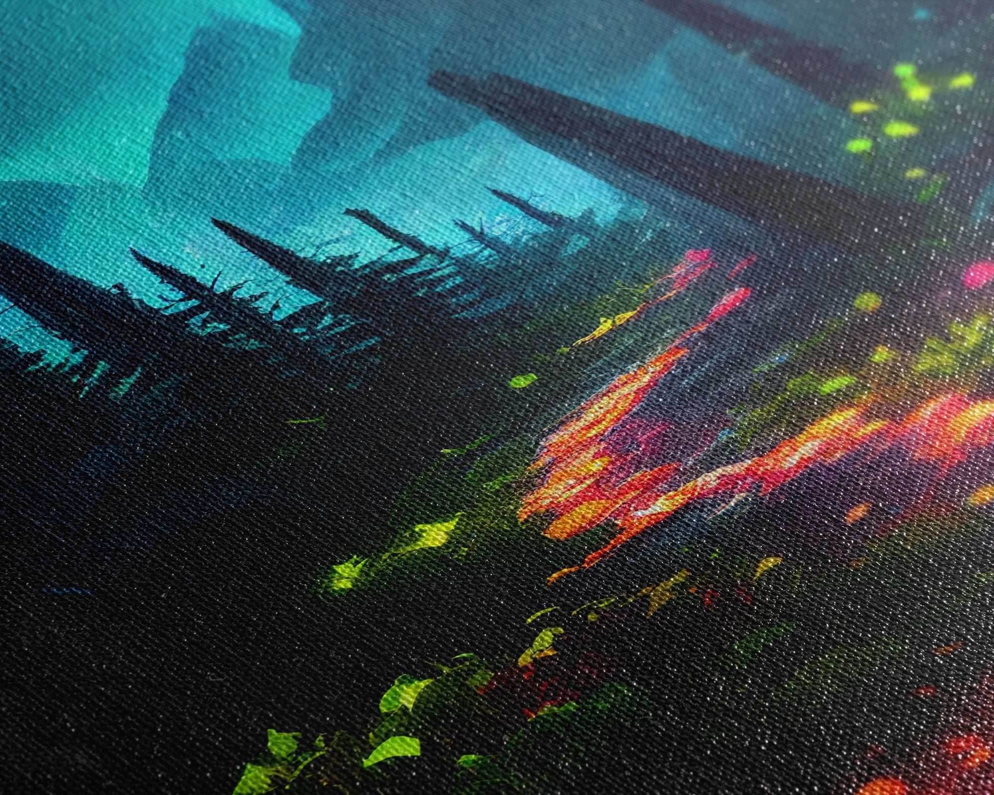 Luminescent magical forest poster art, fine art print, glowing trail though the trees, fantasy art, gloomy wall art, dark decor - 8x12 Inches / Gallery Wrap Canvas - Ready To Hang