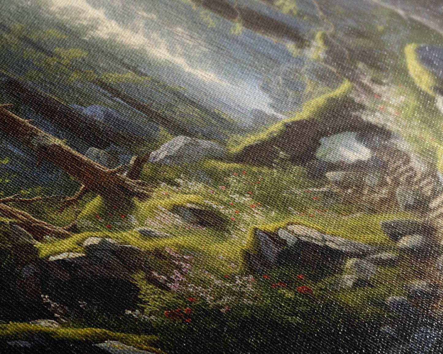 SlightlyScorched Framed Canvas Print Emerald Green Fantasy Forest, Mountain Forest Lake Landscape Minimalist Modern Art Nature Wall Decor - 10x20 Inches / Gallery Wrap Canvas - Ready To Hang