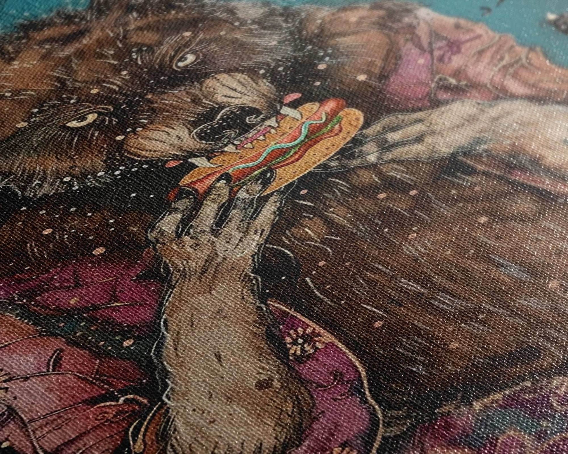 Halloween Werewolf Enjoying Hotdog, Framed Canvas Print, Wall Art, Home Decor, Spooky Artwork, Fantasy Decor, Halloween Decor, Holiday Gift - 8x12 Inches / Gallery Wrap Canvas - Ready To Hang