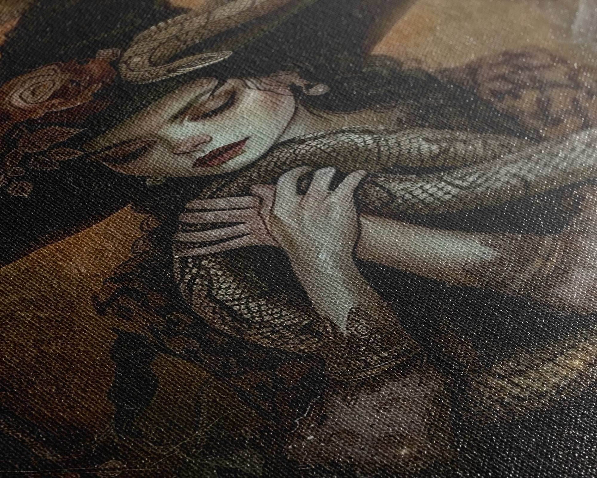 Mysterious Witch Holding Snake, Framed Canvas Print, Gothic Witch Art, Dark Fantasy Decor, Witch and Serpent, Halloween Accessories - 8x12 Inches / Gallery Wrap Canvas - Ready To Hang