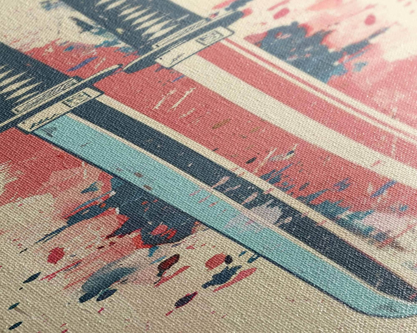 Abstract Samurai Swords Framed Canvas Print Ukiyo-e Art Japanese Style Tall Art Skinny Art Wood Block Print - 10x30 Inches / Gallery Wrap Canvas - Ready To Hang