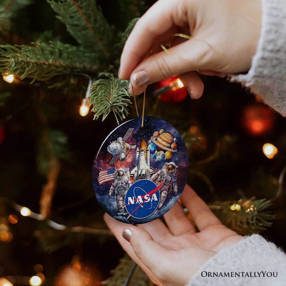 Artistic NASA Handcrafted Christmas Ornament, Astronaut in Outer Space with the Planets - Circle / Version 1