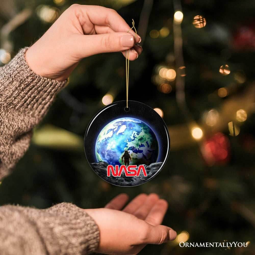 Artistic NASA Handcrafted Christmas Ornament, Astronaut in Outer Space with the Planets - Circle / Version 1