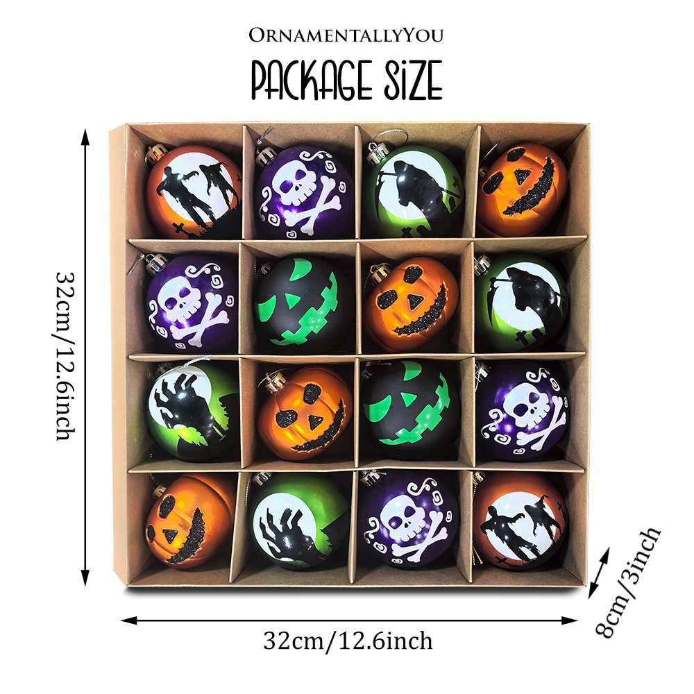 The Face of Spooky Horror 16 Piece Ornament Shatterproof Bundle Set, Halloween Pumpkin, Zombie, and Goblin - 