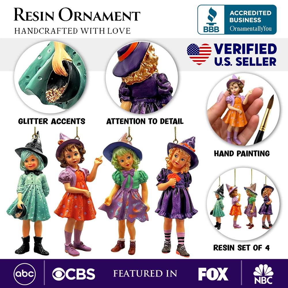 Classic Victorian Little Witch Girls Set of 4 Ornaments, Vintage Halloween Tree Resin Decoration - 