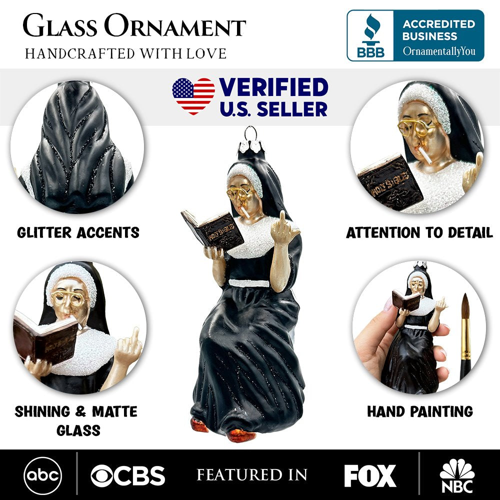 (Pre-Order) Eccentric Gothic Smoking Nun Glass Ornament, Unique Halloween and Emo Home Decor