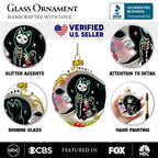 Folkloric Siamese Cat Sugar Skull Glass Ornament, Celestial Crescent Moon Halloween Decor - 