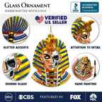 Evil Egyptian Pharoah Half Skull Head Glass Ornament, Gothic Halloween Tree Decor - 