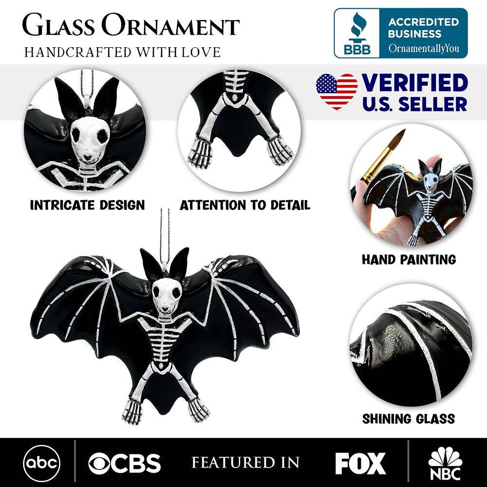 Gothic Bat Skeleton Handcrafted Glass Ornament, Horror Tree Halloween Decor - 