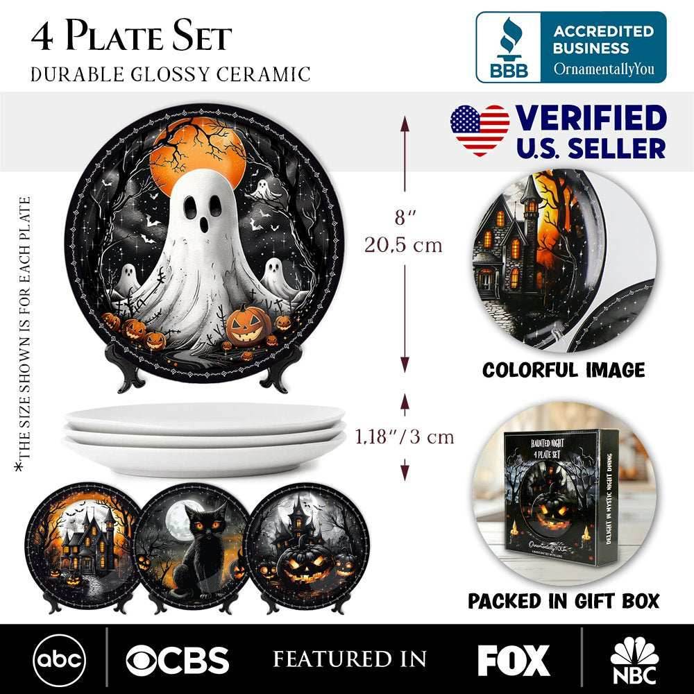 Haunted Night Set of 4 Plates, Black Halloween Tableware Collection for Salad, Dessert, Appetizer, and Side Plates - 