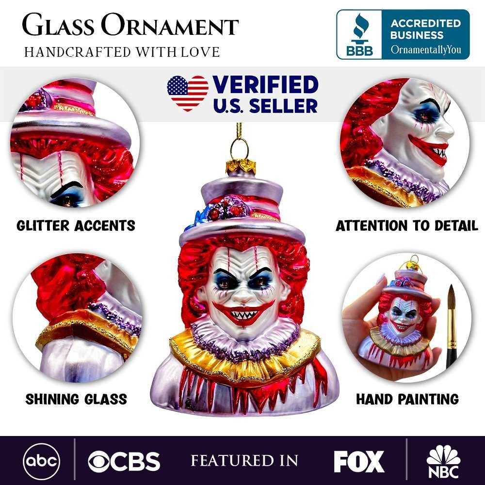 Horror Clown Head Glass Ornament, Gothic Halloween Tree Decor - 