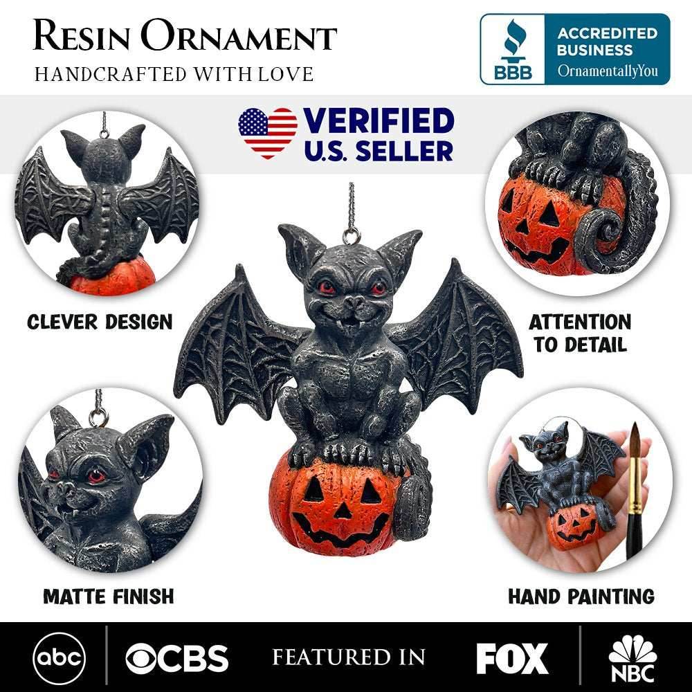 Spooky Gargoyle on a Pumpkin Ornament, Goth Halloween Themed Tree Decor - 