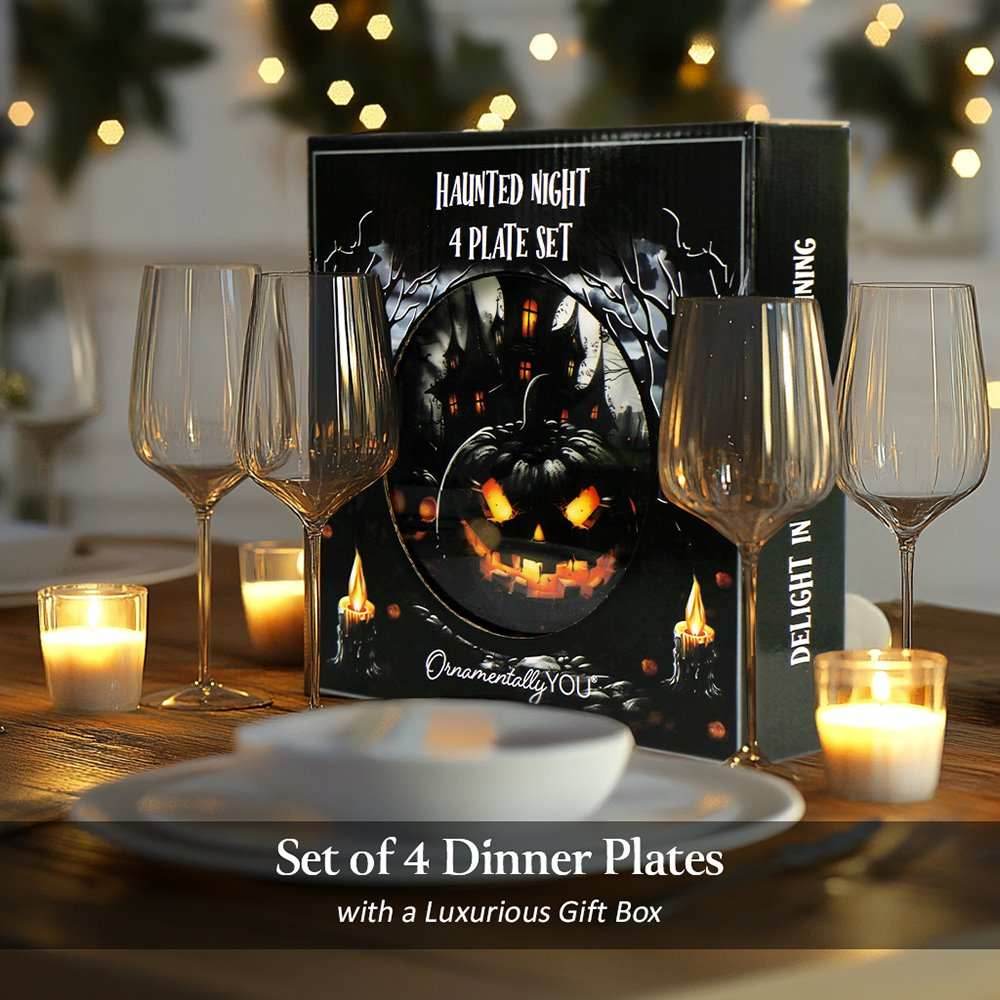 Haunted Night Set of 4 Plates, Black Halloween Tableware Collection for Salad, Dessert, Appetizer, and Side Plates - 