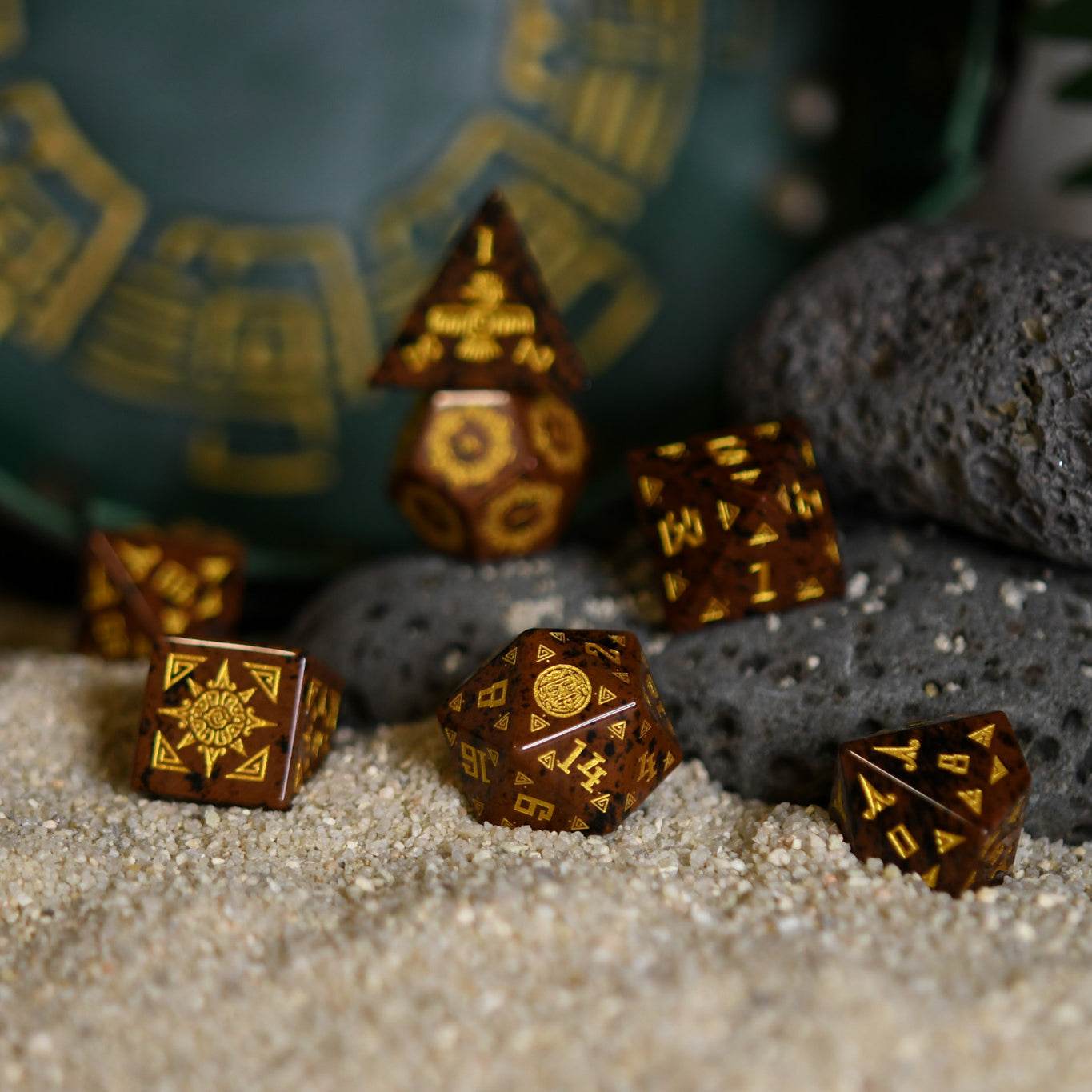 Aztec Mahogany Obsidian Stone Dice Set - Dice Around the World Collection - 