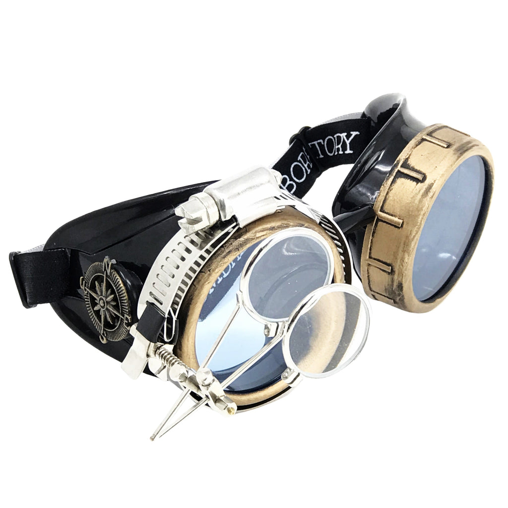 Steampunk Goggles with magnifying loupes UV glow neon orange lenses