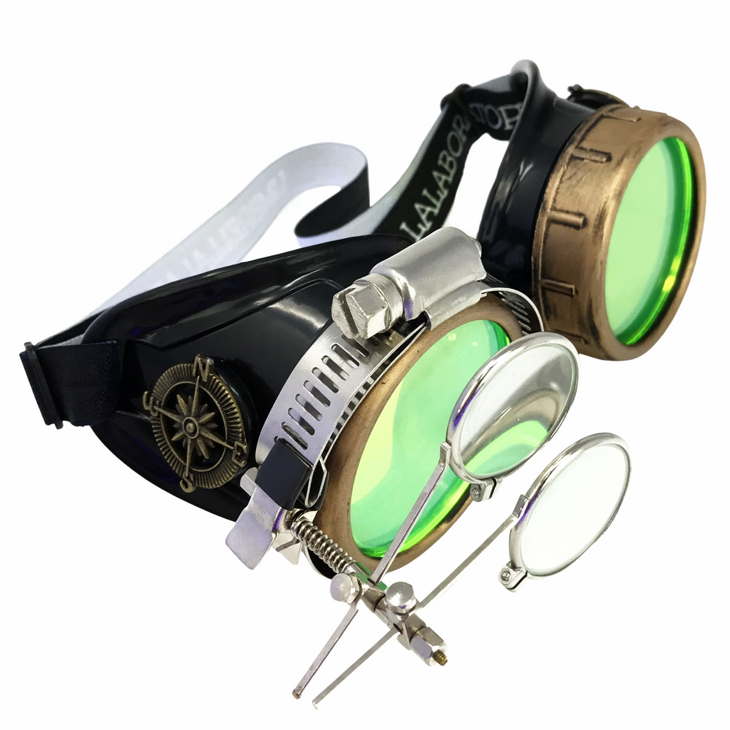 Steampunk Goggles with magnifying loupes UV glow neon orange lenses