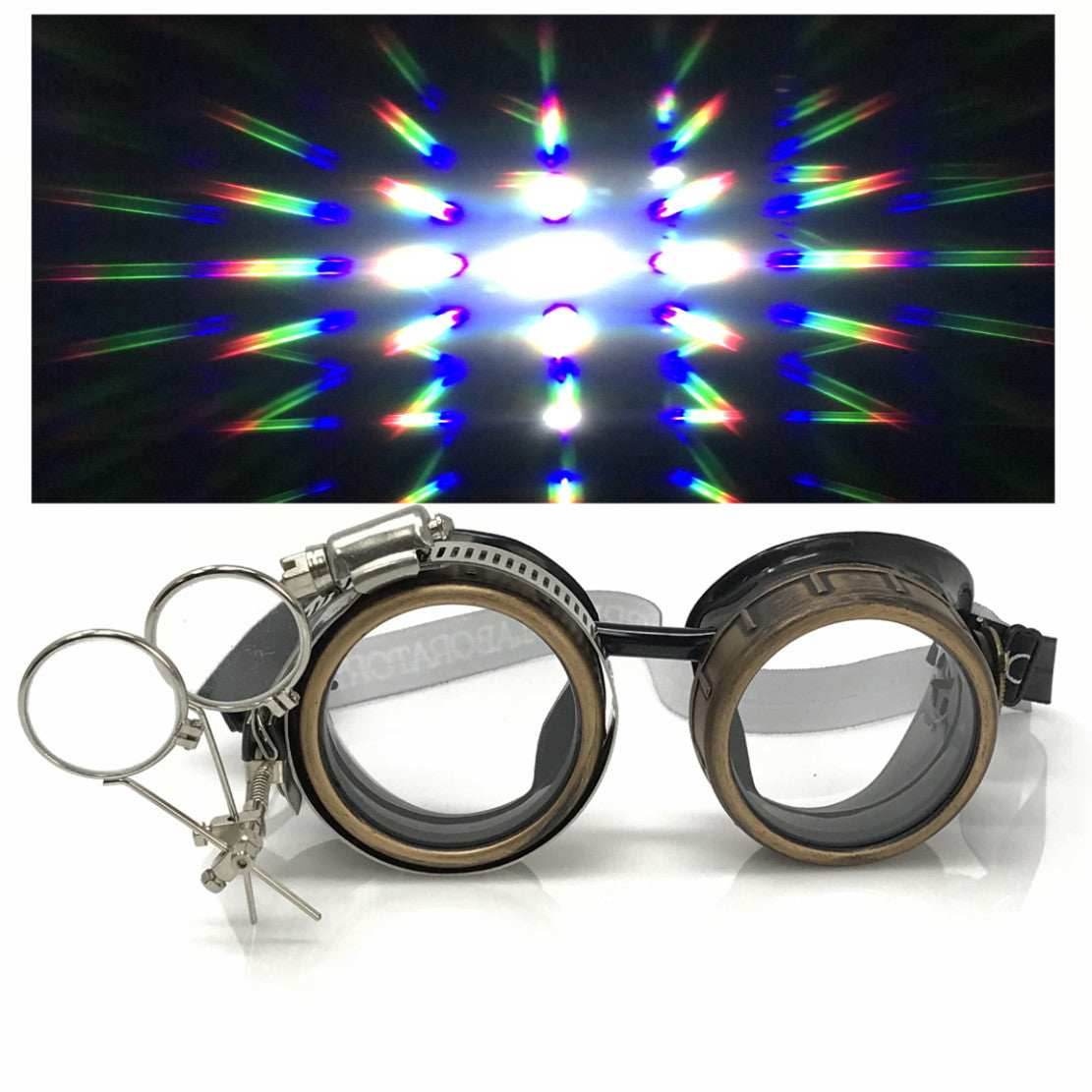 Steampunk Goggles with magnifying loupes crystal clear prism diffraction lenses - 