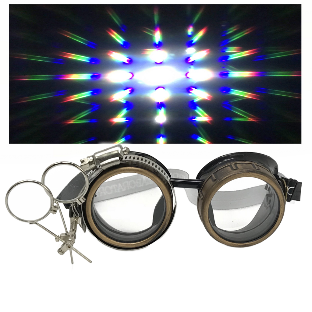 Steampunk Goggles with magnifying loupes UV glow neon blue prism diffraction lenses