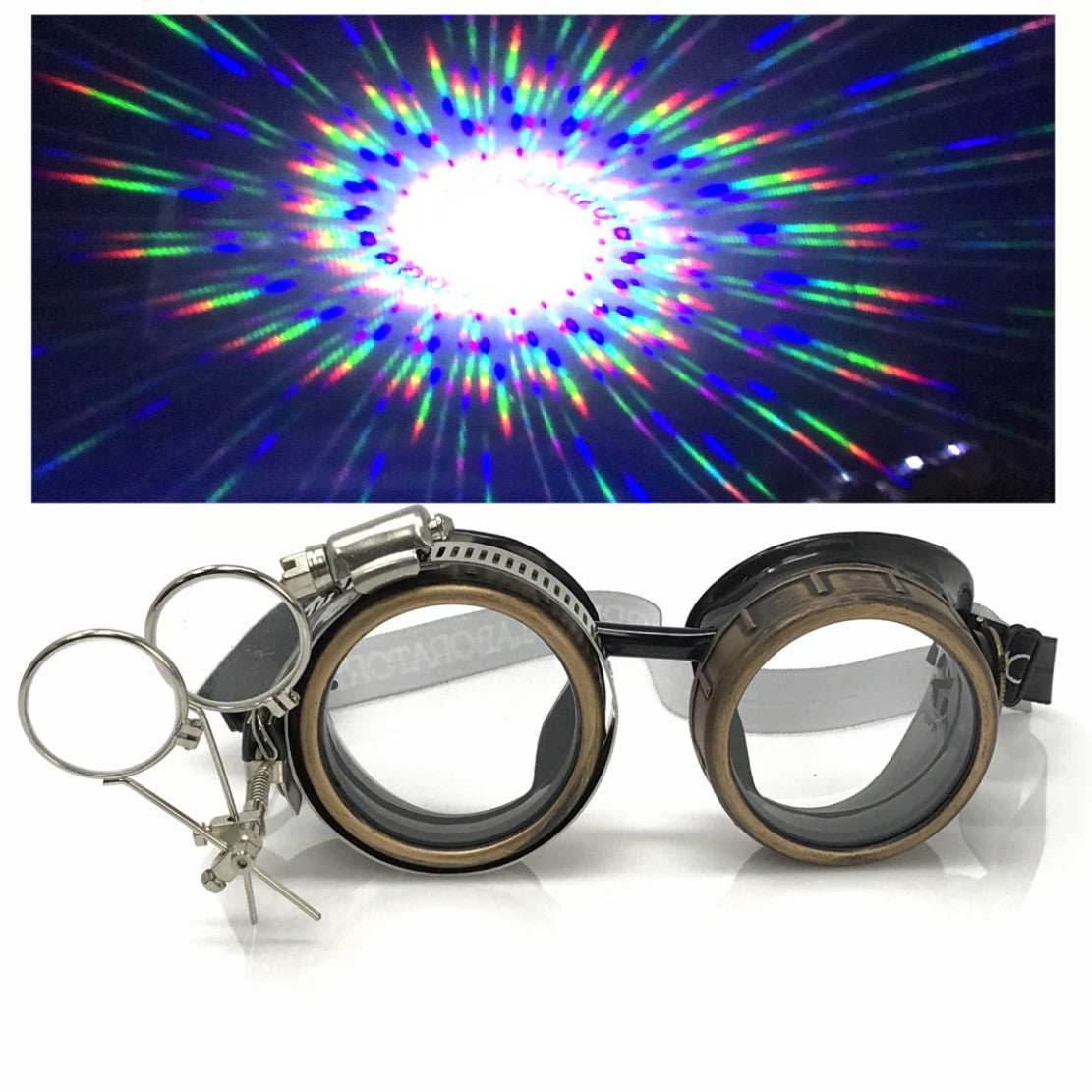 Steampunk Goggles with magnifying loupes crystal clear spiral diffraction lenses - 